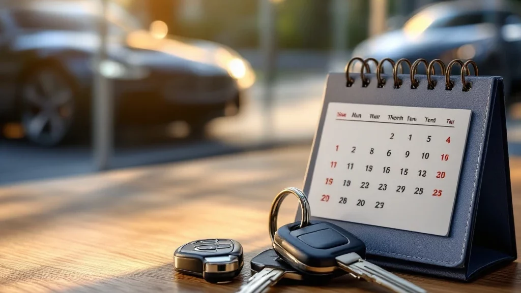 Moderne autosleutels op houten bureau naast kalender, met luxe auto's op achtergrond in natuurlijk licht