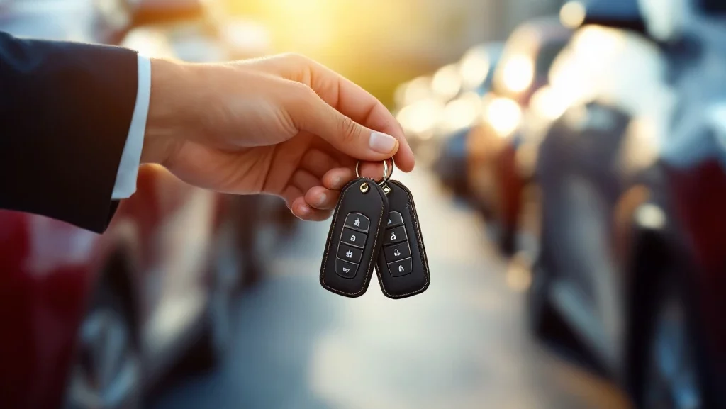 Moderne autosleutels worden overhandigd met glanzende auto's op de achtergrond voor shortlease diensten