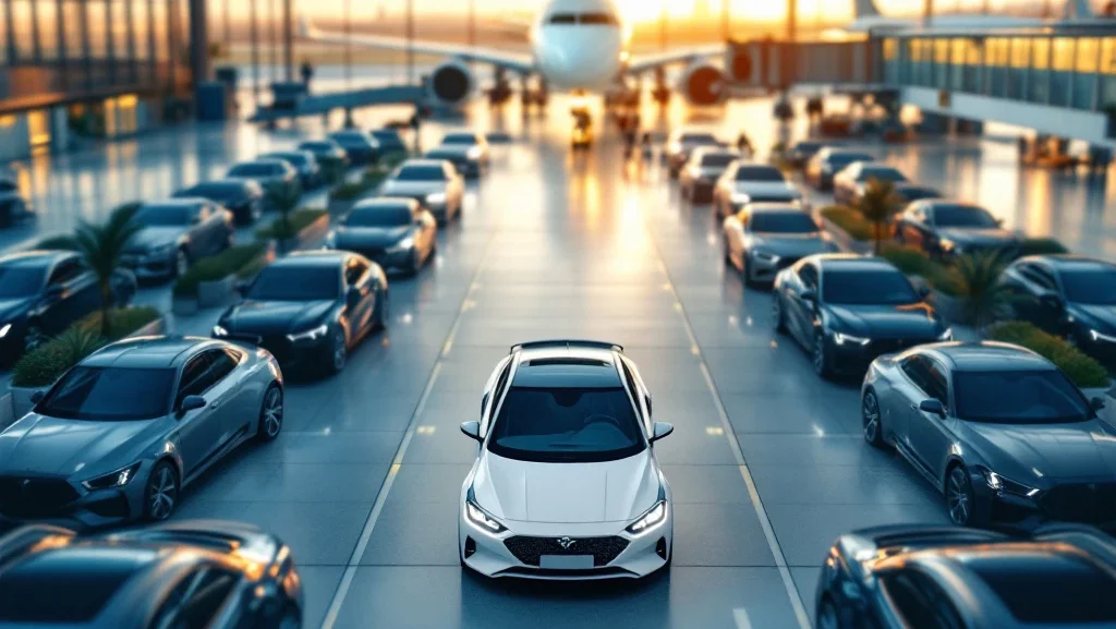 Witte compacte huurauto met sleutels op motorkap bij moderne luchthaven terminal, vliegtuig op achtergrond