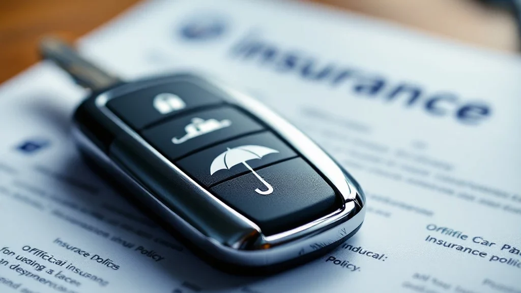 Moderne autosleutel op verzekeringsdocumenten met paraplu-symbool reflectie, professionele verlichting