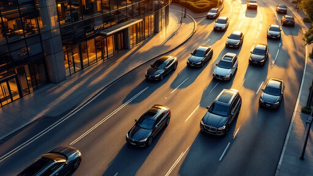 Luchtfoto van modern kantoorgebouw met gebogen oprit vol zakelijke voertuigen tijdens gouden uur