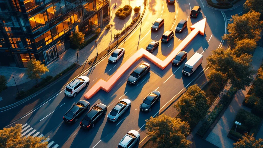 Luchtfoto van moderne zakenwijk met luxe auto's in pijlvorm gerangschikt, gouden zonlicht op glazen kantoorgebouwen