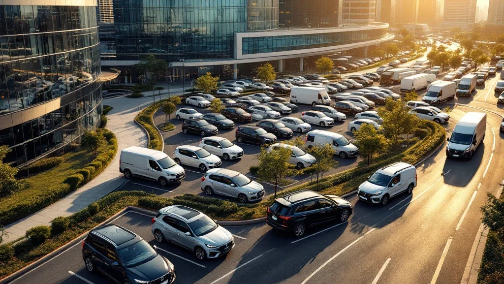 Luchtfoto van moderne kantoorwijk met gevarieerde voertuigen op parkeerterrein tijdens gouden uurtje