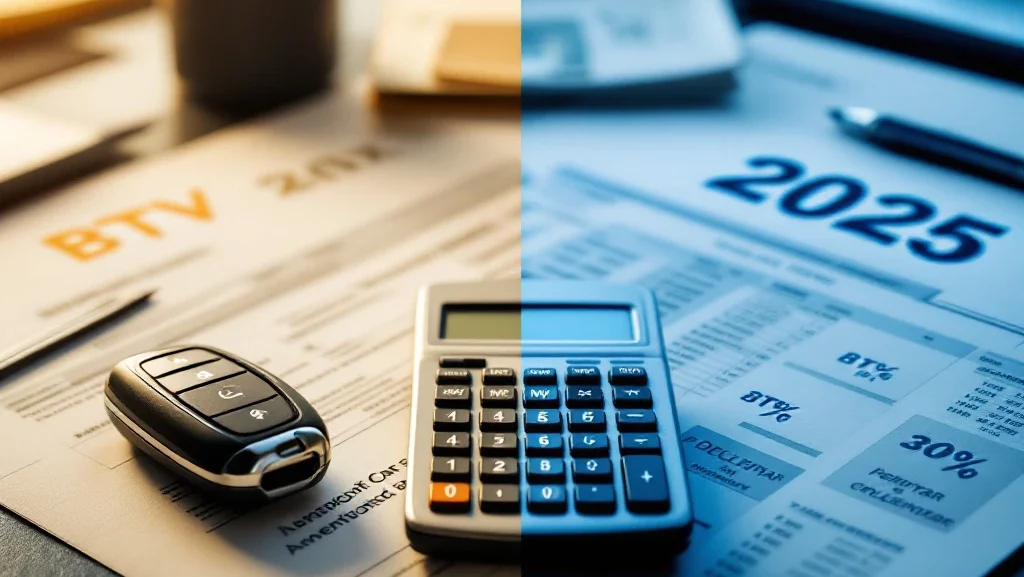 Autosleutel en rekenmachine op bureau met Nederlandse BTW-documenten en 2025 kalender in warm en koel licht