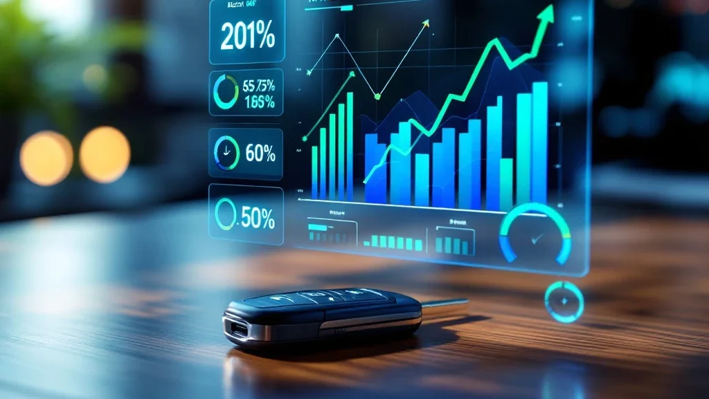 Moderne dashboard interface met kleurrijke KPI-grafieken en prestatiemetrics boven autosleutel op houten bureau