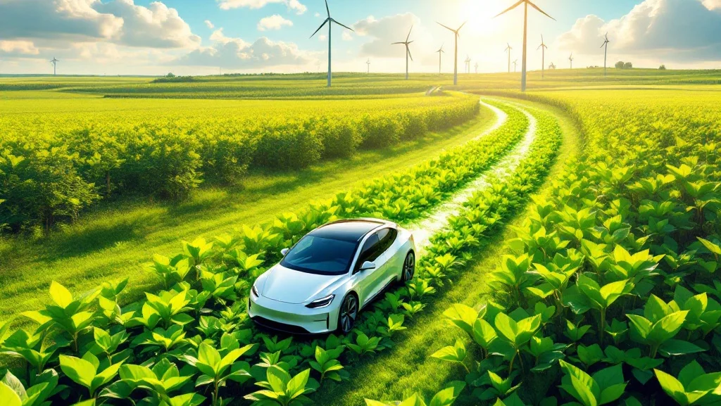 Elektrische auto rijdt door groen landschap met zonnepanelen en windmolens, bladeren in plaats van uitlaatgassen
