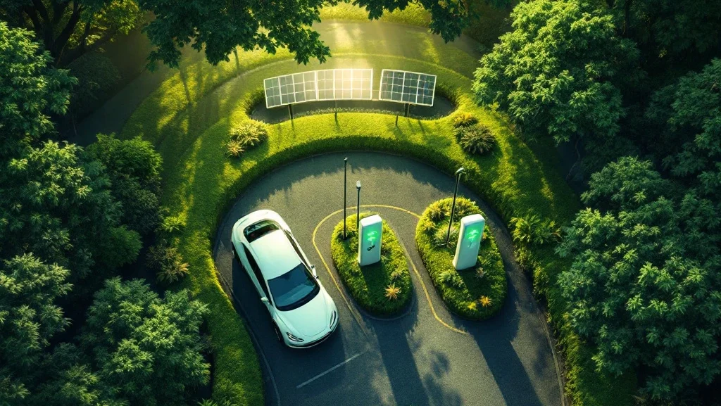 Luchtfoto van moderne elektrische laadstations met zonnepanelen, omgeven door groen en ladende auto's