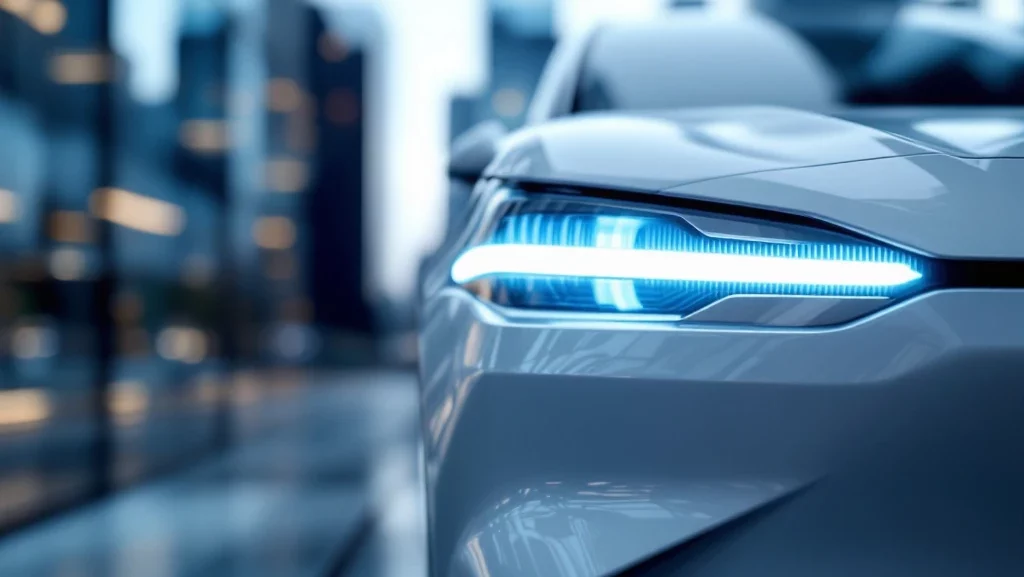 Moderne elektrische auto met LED-koplampen en blauwe accentverlichting bij laadpoort, stedelijke achtergrond