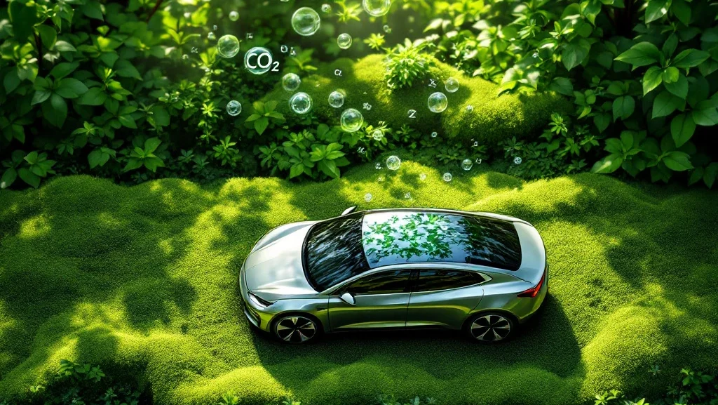 Elektrische auto geparkeerd op mos met planten, CO2-moleculen transformeren tot zuurstof en groen bladeren