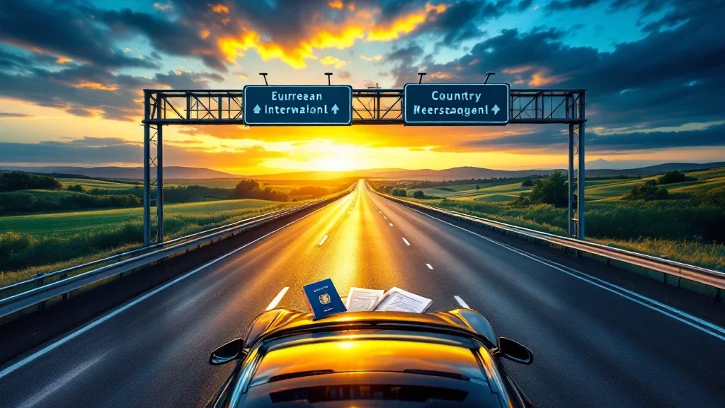Auto bij Europese grensovergang met reisdocumenten op dashboard tijdens gouden uurtje, heuvels op achtergrond