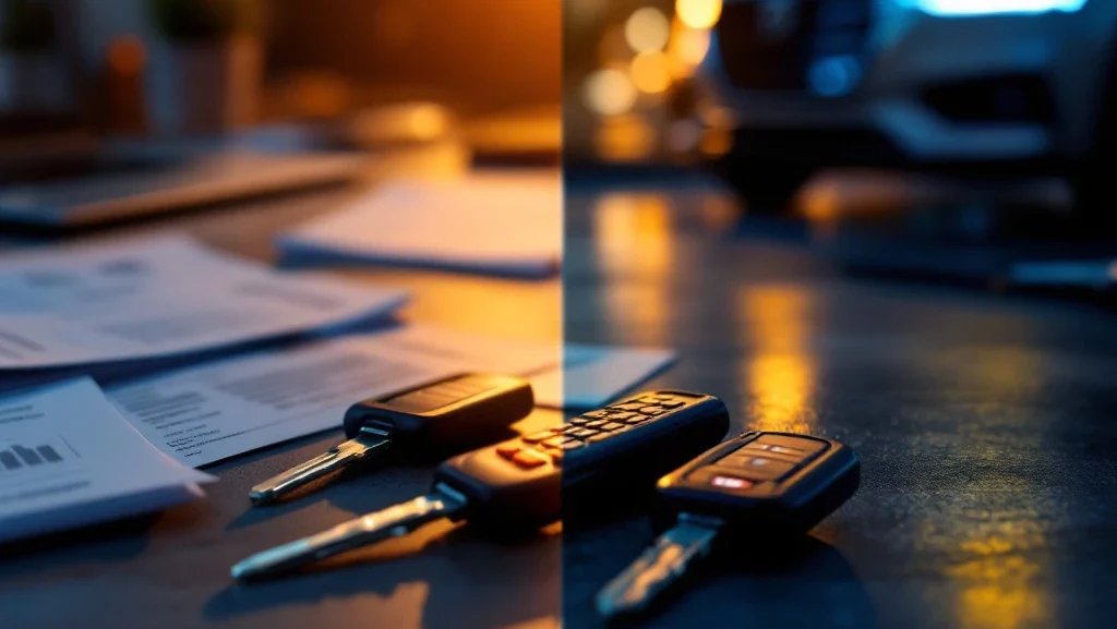 Freelancer werkplek met laptop en facturen naast zilveren auto met sleutels, symboliseert zakelijke mobiliteit