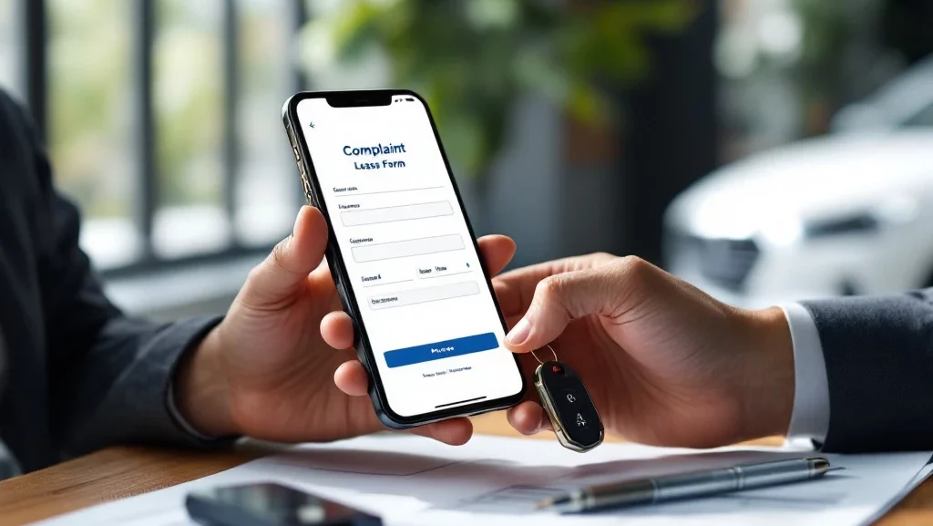 Handen houden smartphone met klachtenformulier, autosleutels en leasedocumenten op houten bureau, luxeauto op achtergrond