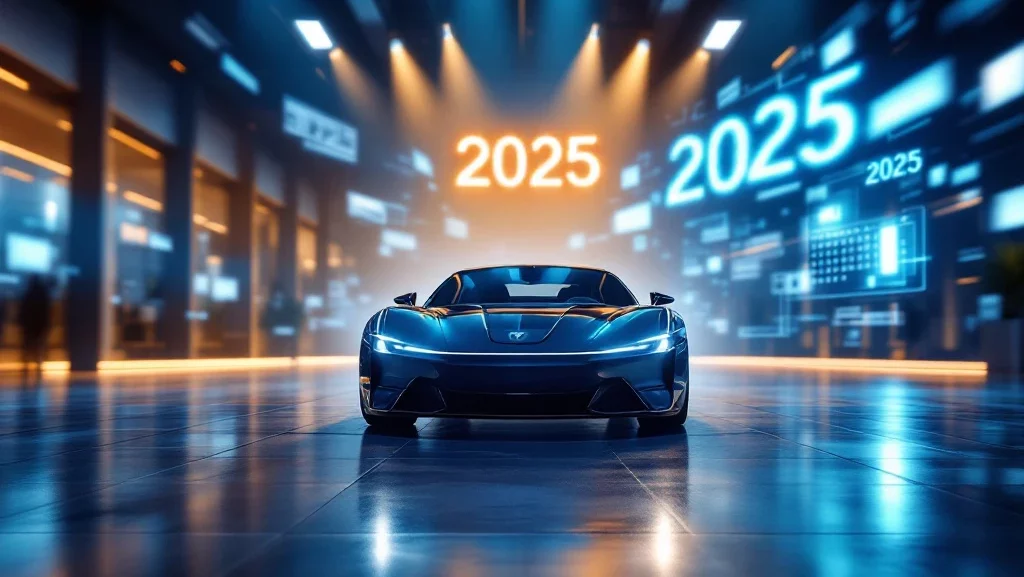Moderne auto in futuristische showroom met 2025 kalender en holografische elementen, dramatische verlichting op gepolijste vloer