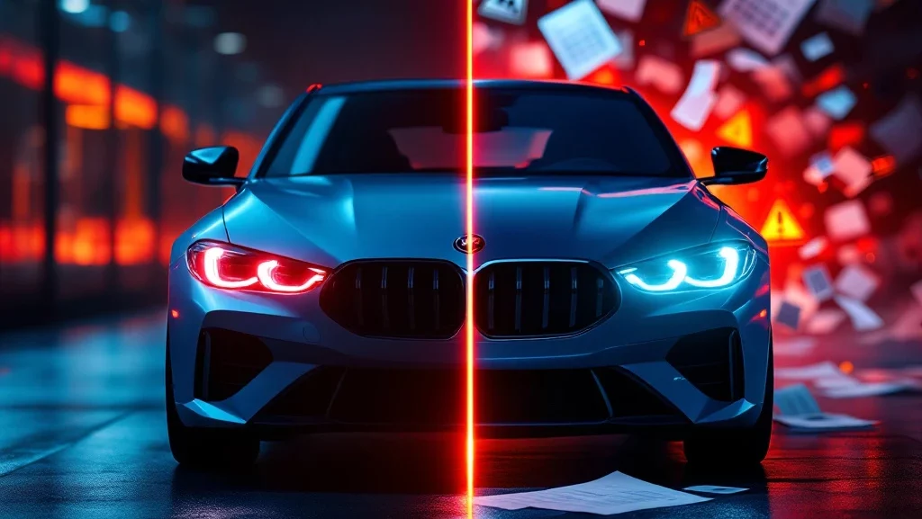 Gesplitst beeld van moderne auto: links glanzend en aantrekkelijk, rechts omringd door waarschuwingssymbolen en financiële stress-indicatoren