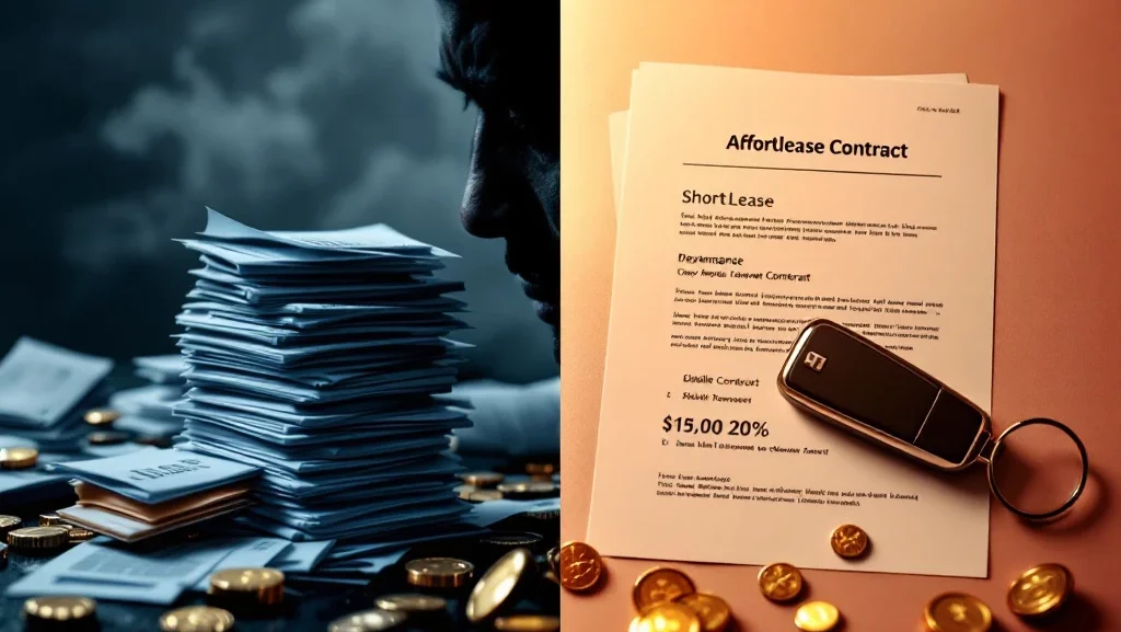 Splitscreen vergelijking van dure autolease rekeningen links versus betaalbare short lease contract rechts met autosleutel
