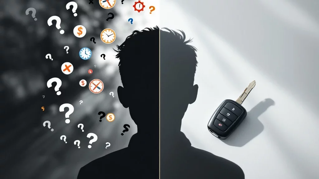 Moderne autosleutel op witte ondergrond naast verwarde persoon met vraagtekens, toont korte lease duidelijkheid
