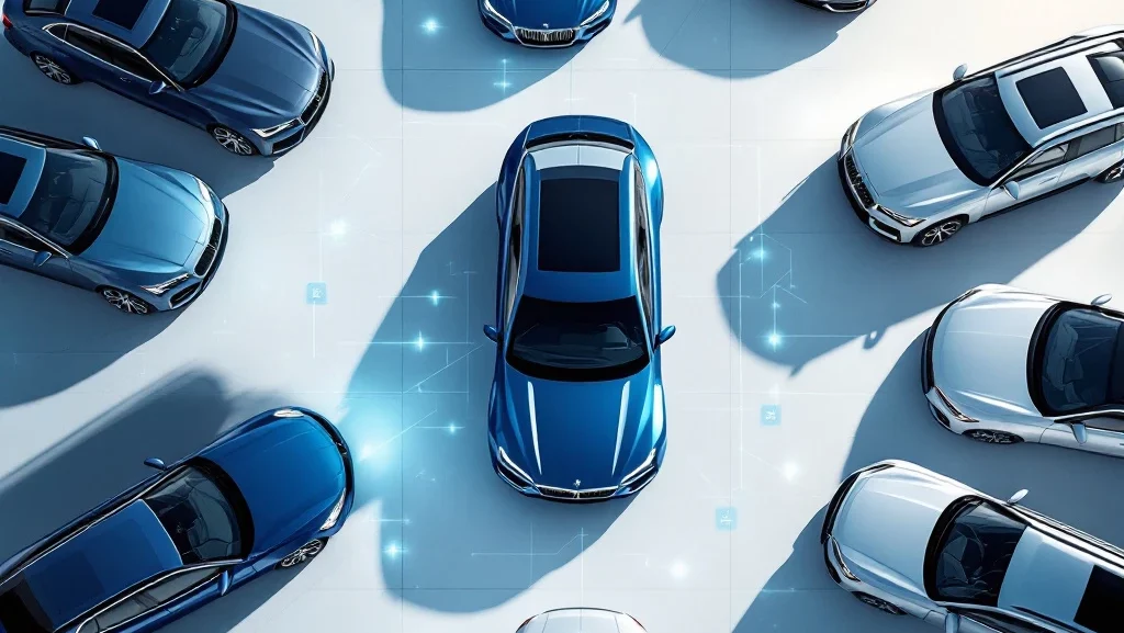 Luchtfoto van moderne auto's in grid-patroon op witte ondergrond met digitale verbindingslijnen voor shortlease vergelijking