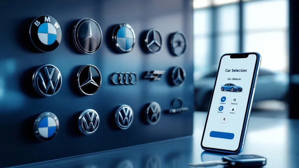 Luxe automerken logos BMW, Mercedes, Audi en Volkswagen naast smartphone met auto-selectie interface en sleutelhanger