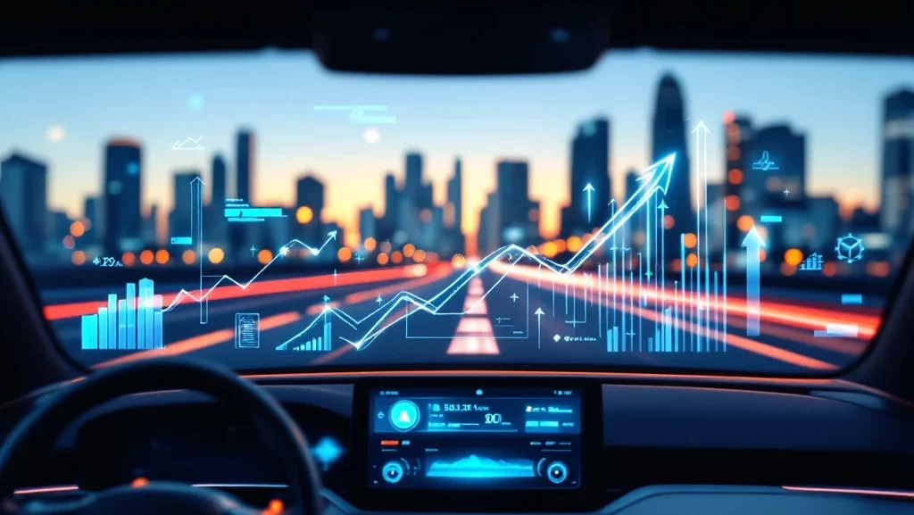 Modern autodashboard met futuristische stadsgezicht en holografische data-visualisaties voor mobiliteitsleasing