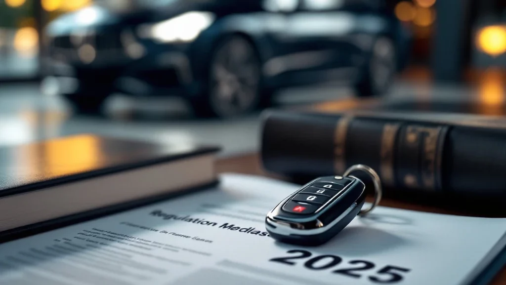 Moderne autosleutel op Nederlandse juridische documenten uit 2025 met luxe voertuig op achtergrond