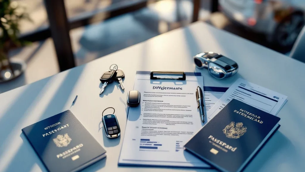 Moderne autosleutels op wit bureau met Nederlandse identiteitsdocumenten en bankafschriften, luxe sedan op achtergrond