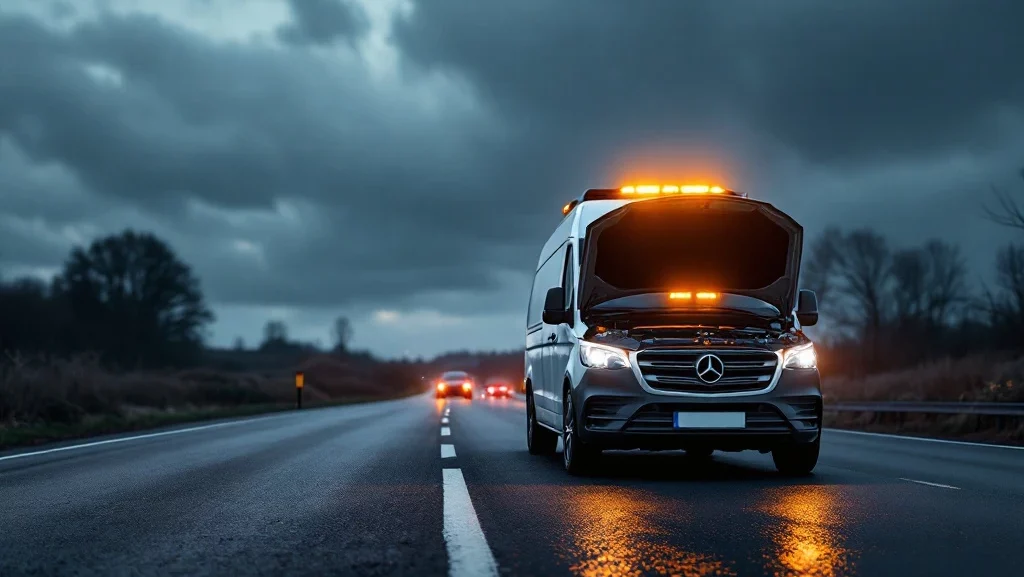 Pechverhelping busje met gele zwaailichten helpt gestrande auto op Nederlandse snelweg bij regenachtig weer