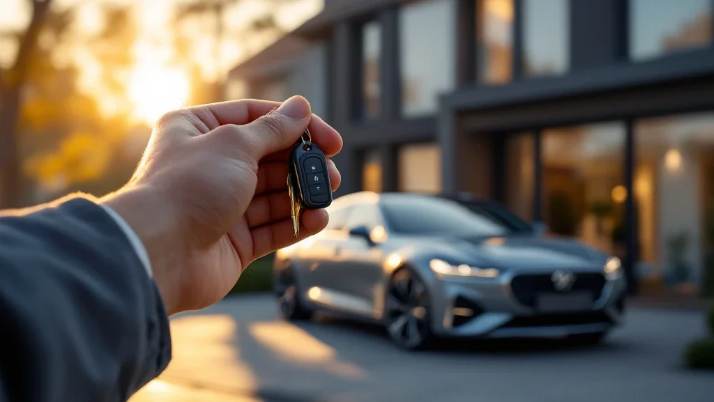 Senior houdt autosleutels vast met zilveren sedan geparkeerd voor modern Nederlands huis tijdens gouden uur