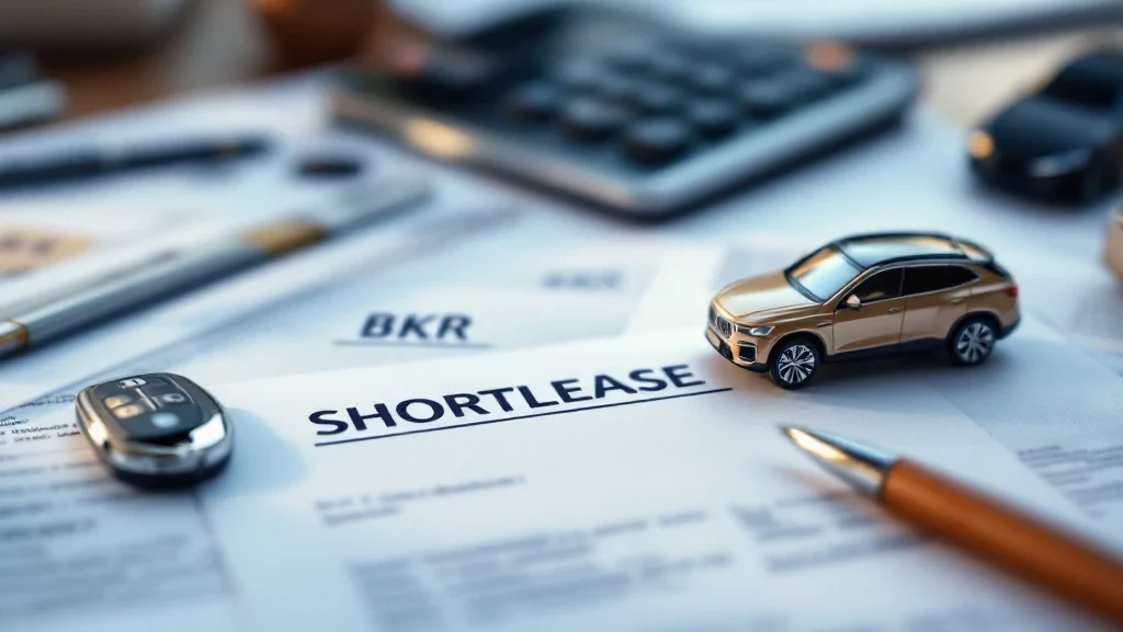 Officiële BKR en shortlease documenten op bureau met autosleutel, luxe automodel, calculator en pen
