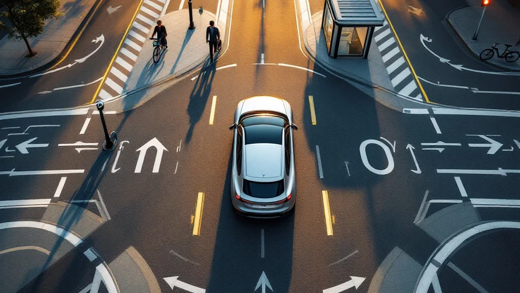 Luchtfoto van moderne stadsweg kruising met auto, fietsdeelstation, elektrische steps en openbaar vervoer halte