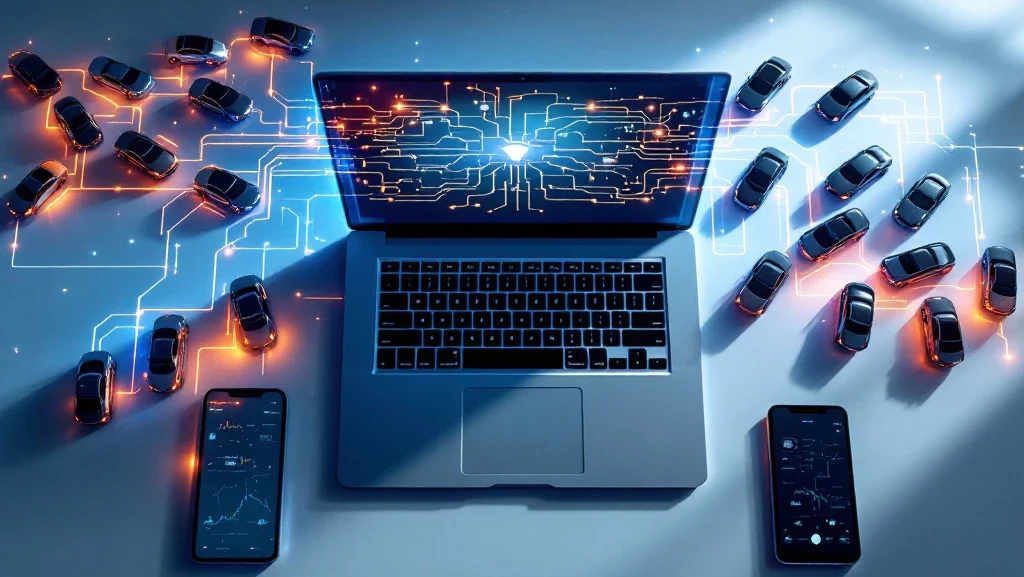 Moderne laptopscherm toont geautomatiseerde workflows met miniatuur luxeauto's voor vlootbeheer op wit bureau