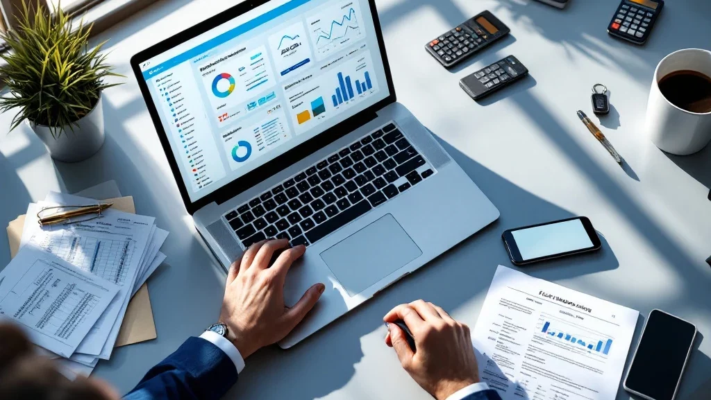 Moderne werkplek met laptop met vlootbeheersoftware, smartphone met autoverhuur-app, documenten en autosleutels