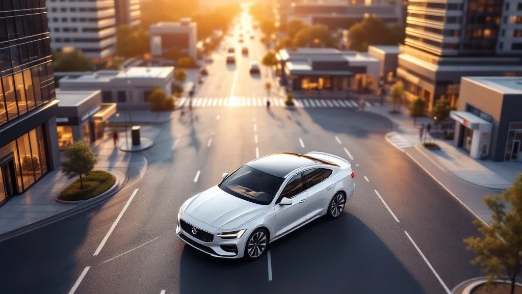 Witte zakenauto op voorgrond met moderne kantoorgebouwen en commerciële ruimtes op achtergrond tijdens gouden uur