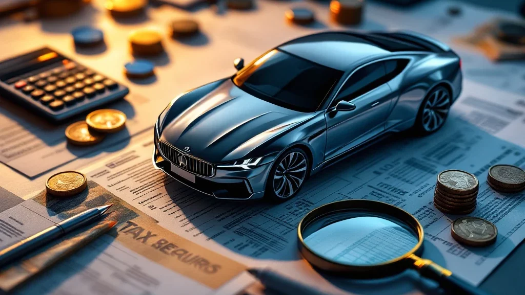 Moderne auto omringd door Nederlandse belastingdocumenten, rekenmachine, eurobiljetten en vergrootglas op gepolijste ondergrond
