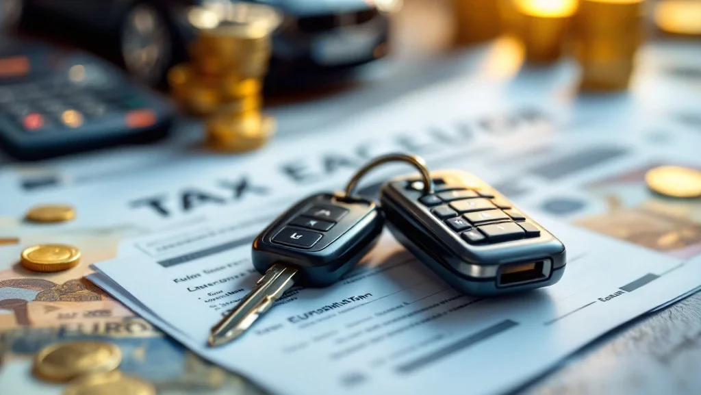 Autosleutels op belastingdocumenten met Nederlandse euro's, calculator en gouden munten op bureau