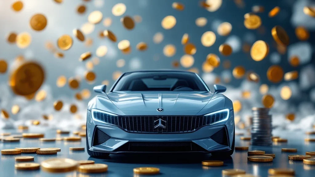 Moderne auto omringd door zwevende euromunten en percentagesymbolen voor geld-terug concept met BTW-formulieren