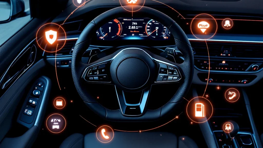 Modern autodashboard met stuurwiel omringd door zwevende service-iconen voor verzekering, onderhoud en navigatie