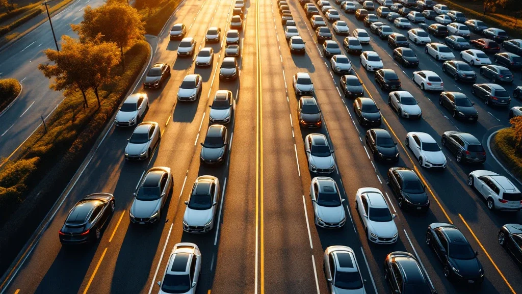 Luchtfoto van moderne autodealerterrein met rijen glanzende auto's in geometrische patronen tijdens gouden uur