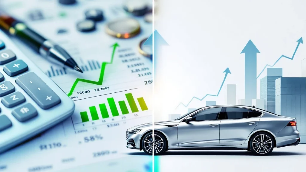 Zilver sedan naast financiële berekeningen met calculator, grafieken en opwaartse pijlen die auto-financiering tonen
