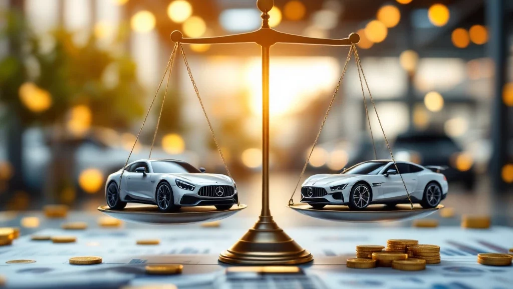 Balansschaal met auto's en geldsymbolen, rekenmachine en financiële grafieken, gouden munten zwevend op witte achtergrond