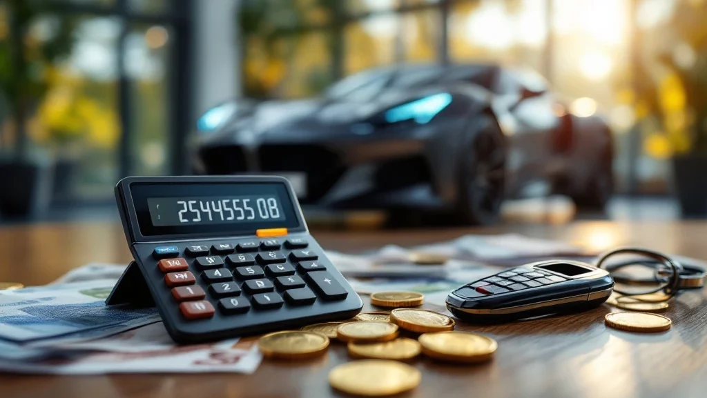 Calculator met financiële cijfers naast autosleutels op houten bureau met euromunten en -biljetten, auto op achtergrond