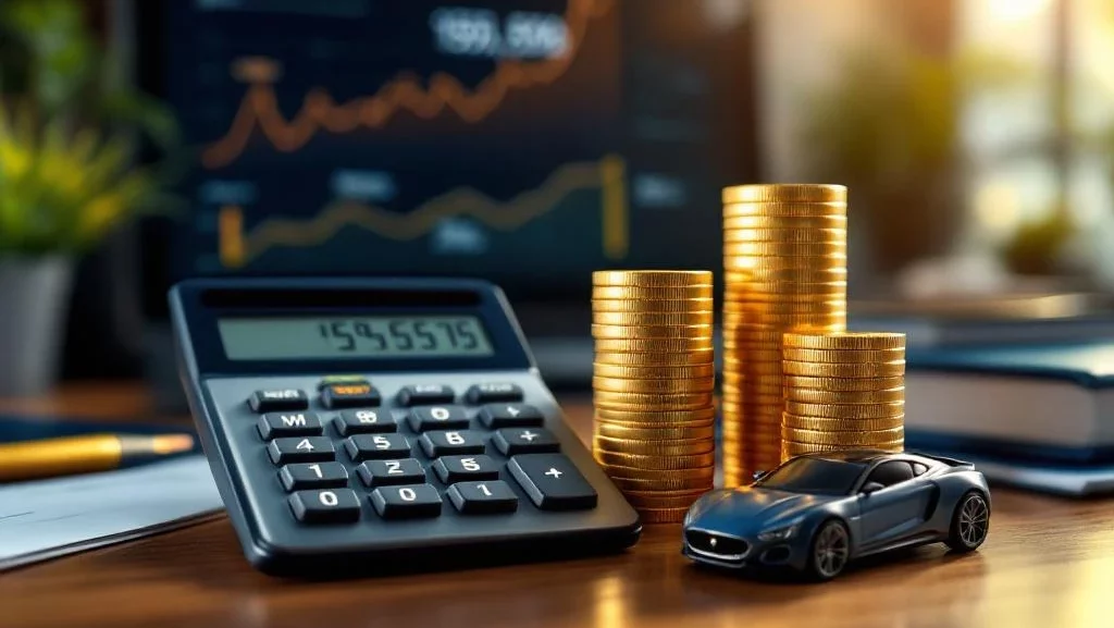 Moderne calculator met winstberekeningen naast gestapelde gouden munten en luxe automodel op houten bureau