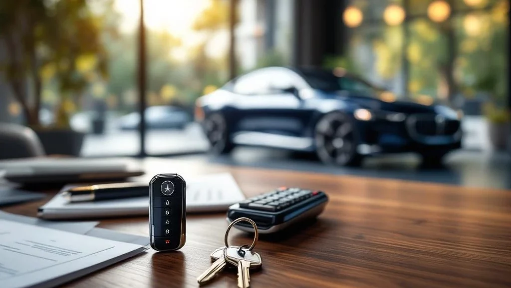 Autosleutels op houten bureau met moderne auto op achtergrond, financiële documenten en calculator voor autofinanciering