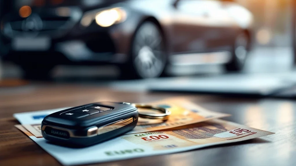 Autosleutel met sleutelhanger op eurobiljetten op houten bureau met luxe sedan op achtergrond
