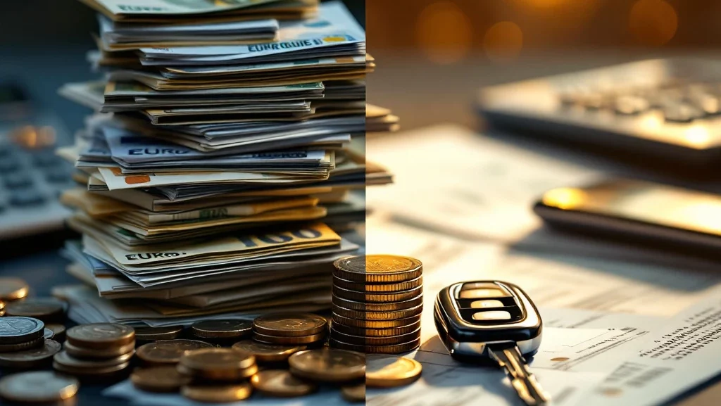 Kostenvergeliking auto-eigendom: grote stapel eurobiljetten links versus kleine stapel geld met autosleutels rechts