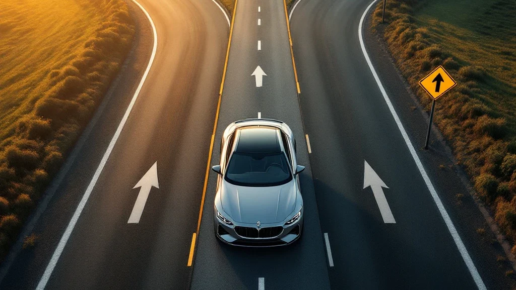 Moderne auto op kruispunt met meerdere wegrichtingen tijdens gouden uur, symboliseert keuzemogelijkheden en flexibiliteit