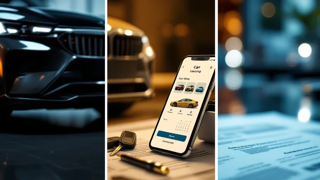 Drie auto-leasing alternatieven: traditionele lease met contract, carsharing-app op smartphone, en flexibele abonnementsdienst