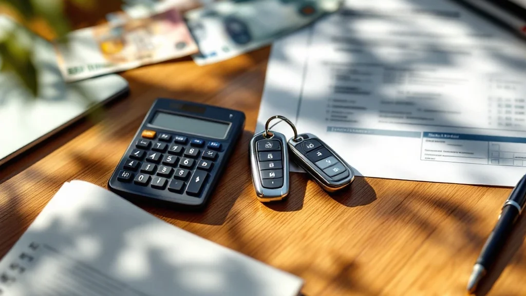 Autosleutels met sleutelhanger op bureau met calculator, eurobiljetten en lease documenten voor autofinanciering