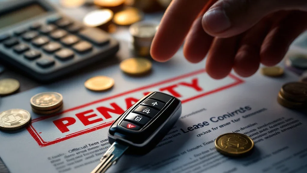 Automaatsleutel op lease documenten met rode BOETE stempel, omringd door euro's en calculator met waarschuwingscijfers