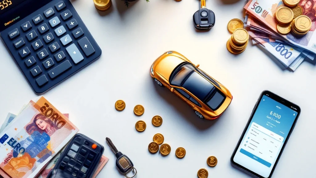 Moderne bureau met calculator, eurobiljetten, autosleutels en smartphone met lease-app rond luxe automodel met gouden munten