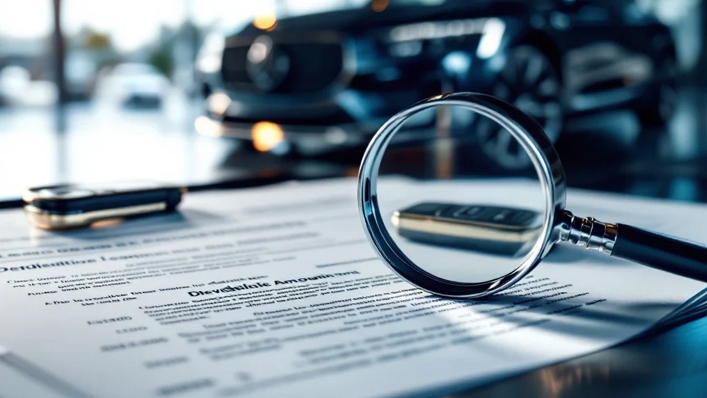 Autosleutel op leasedocumenten met vergrootglas over klein gedrukte franchisebedragen, auto op achtergrond